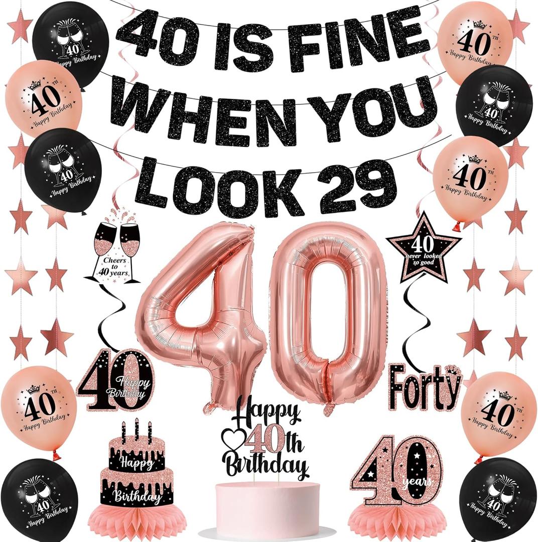 Roetyce 40th Birthday Decorations Women, Rose Gold 40 Is Fine When You Look 29 Banner Balloons Centerpieces Cake Topper, Pink 40th Birthday Party Supplies for Her, 40 Years Old Party Photo Backdrop