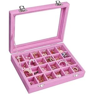 Vicoter Velvet Jewelry Box 24 Grid Jewelry Ring Display Organiser Box Tray Holder Earrings Storage Case for Girls Wife Mom Women (Pink)