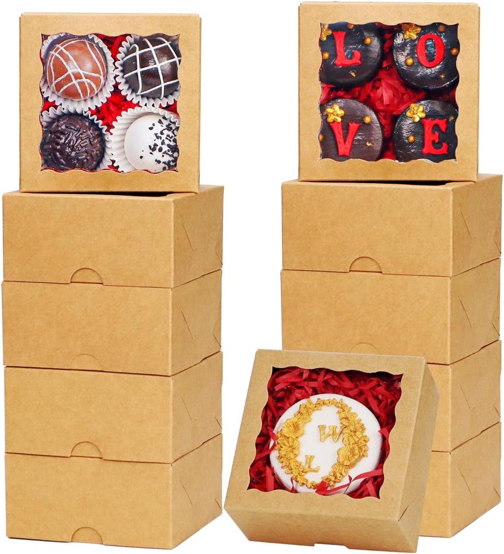 100 Pack Cookie Boxes with Window 4x4x2 Inch,Bakery Boxes, Chocolates Strawberries,Treat Boxes, Mini Cake Boxes, Pastry Dessert Boxes for Candy, Cupcakes- Brown Paper