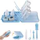 Bottle Brush Set -Baby Travel Essential-6 in 1 Bottle Cleaner Kit with Silicone Bottle Brush,Nipple Cleaner Brush,Straw Brush,Soap Dispenser,Storage Box,Bottle Drying Rack for Home and Travel(Blue)