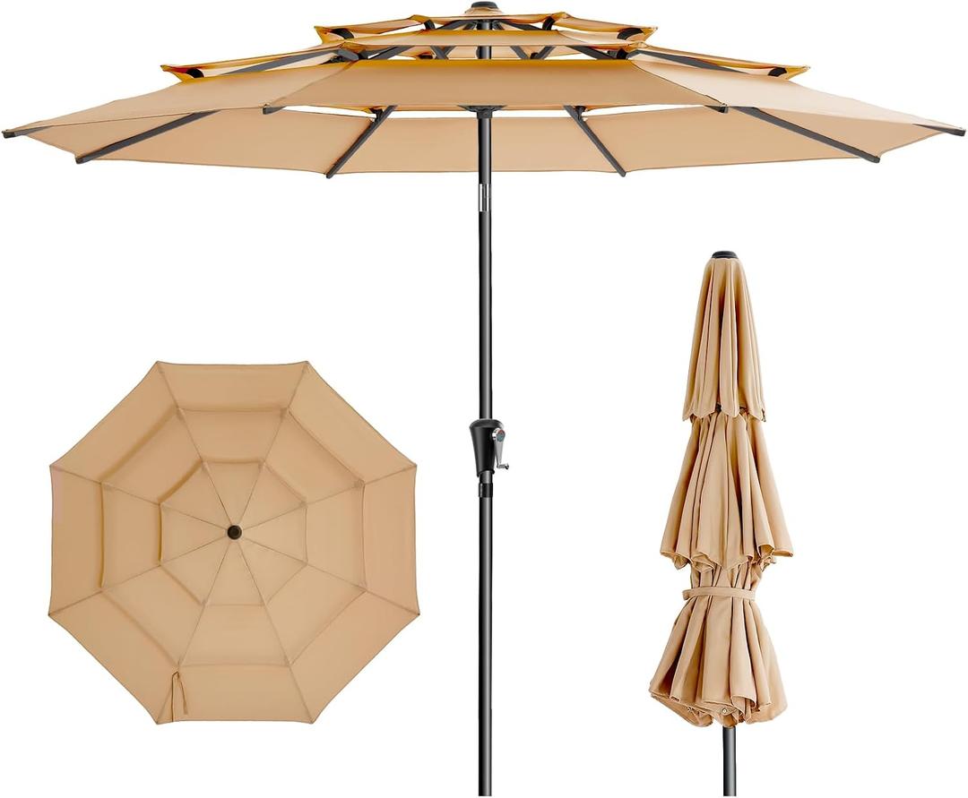HOMSHADE 9FT 3-Tiers Outdoor Patio Umbrella with 5-Year Fade Resistant,Vented Outdoor Commercial Market Umbrella with UPF50+ UV Protection & Push Button Tilt and Crank for Pool,Backyard(Beige)