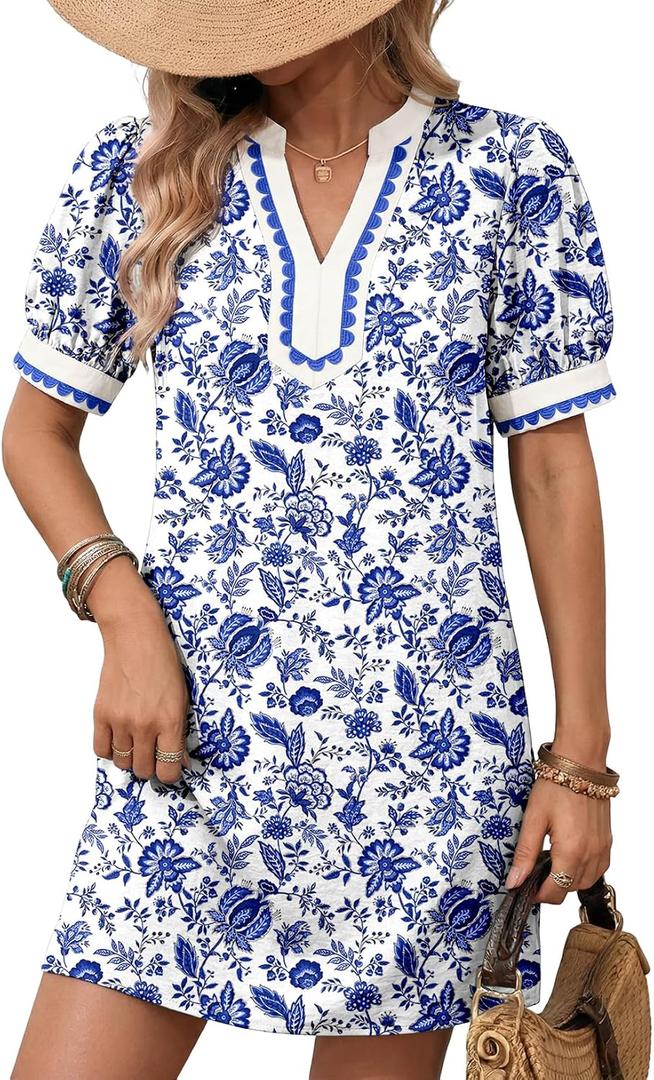 Dokotoo Summer Dresses for Women 2026 Boho Floral Puff Short Sleeve V Neck Trim Casual Mini Dress Sundress, XL