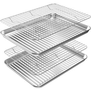 ROTTAY Baking Sheet with Rack Set (2 Pans + 2 Racks), Stainless Steel Cookie Sheet with Cooling Rack, Nonstick Baking Pan, Warp Resistant & Heavy Duty & Rust Free, Size 16 x 12 x 1 Inches