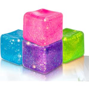 Slow Rise Glitter Square Squishy Cubes for Adults Pack of 4, Gel Ice Cube Stress Balls, Malt Sugar Nice Stress Cubes Sensory Squishy Squeeze Balls for Anxiety Relief(Blue/Purple/Pink/Green)