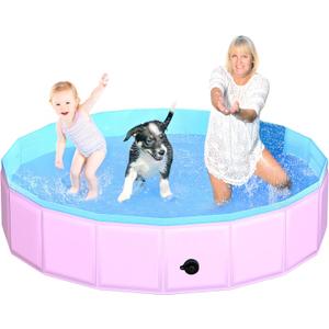 2025 Updated Foldable Dog Pool, 71" x 12" Kiddie Pool with Hard Plastic, Non-Slip Dog Bath Tub for Outdoor Backyard, Collapsible Dog Swimming Pool for Kids Dogs Pets (Pink)