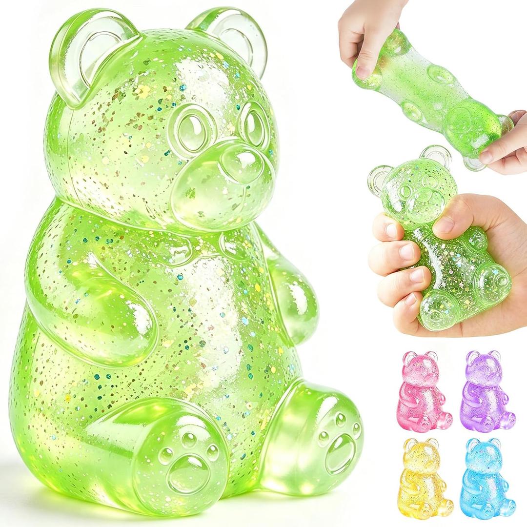 4 x Glitter Bear Squishy Toy, Bear Stress Balls, Squeeze Toys for Kids Adults, Anxiety Relief Sensory Toys Party for Favors Birthday Gifts (A-Green)