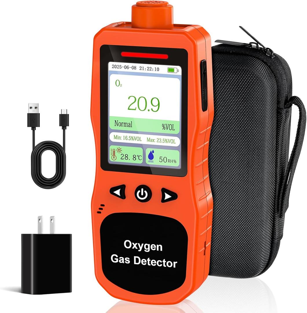 Portable Oxygen Detector, Rechargeable O2 Monitor with Sound, Light, Vibration Alarms, Oxygen Air Quality Meter Measures Temperature & Humidity for Indoor Outdoor Use
