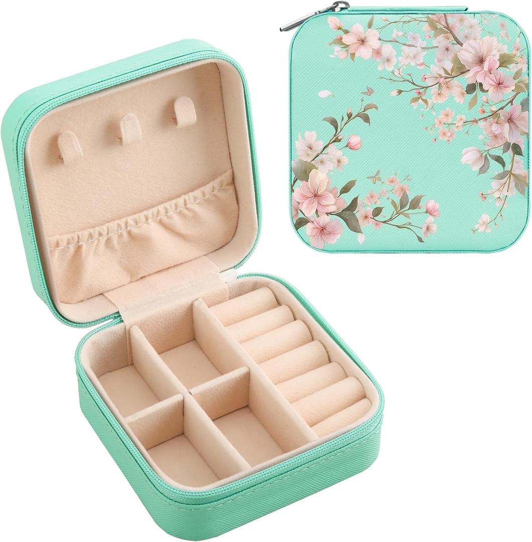 MAYCARI Teal Green Leather Square Travel Makeup Bag Floral Bloom FlowersLeather Makeup Case Portable Jewelry Organizer Case for Women Daughter Mother Birthday Christmas Gifts