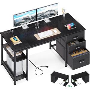 51 Inch Computer Desk with Fabric Drawers & USB Power Outlets, Reversible Home Office Desk with Storage Shelves, Work from Home, Modern Work/Writing/Study Table for Bedroom, Black