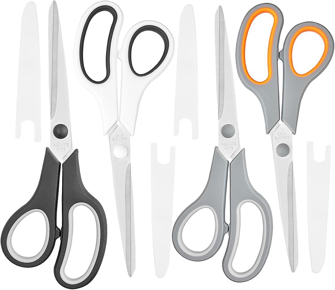 4 Pack Scissors All Purpose for Office, Home, School, and Crafts - 8.5" Heavy Duty Office Scissors With Cover (Gray-orange + Gray-white + White + Black)