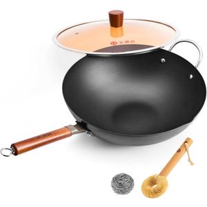 WANGYUANJI 14.2" Extra Large Carbon Steel Wok with Lid, Nitrided Rust-Resistant Stir Fry Pan, Uncoated Flat Bottom Chinese Wok for Induction and Gas Stoves, Heavy Duty (5.7 Qt)