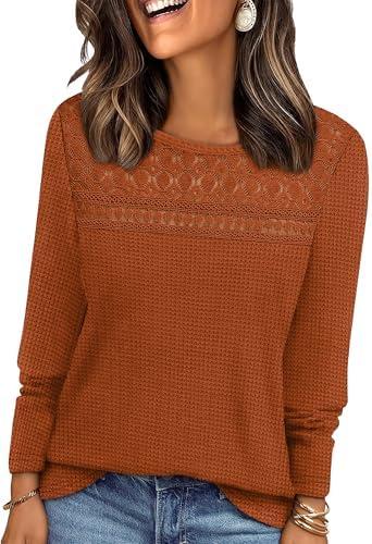 WIHOLL Womens Lace Long Sleeve Shirts Spring Tops Fashion Dressy Casual Lightweight Sweaters Mesh Clothes Trendy Waffle Knit Size L