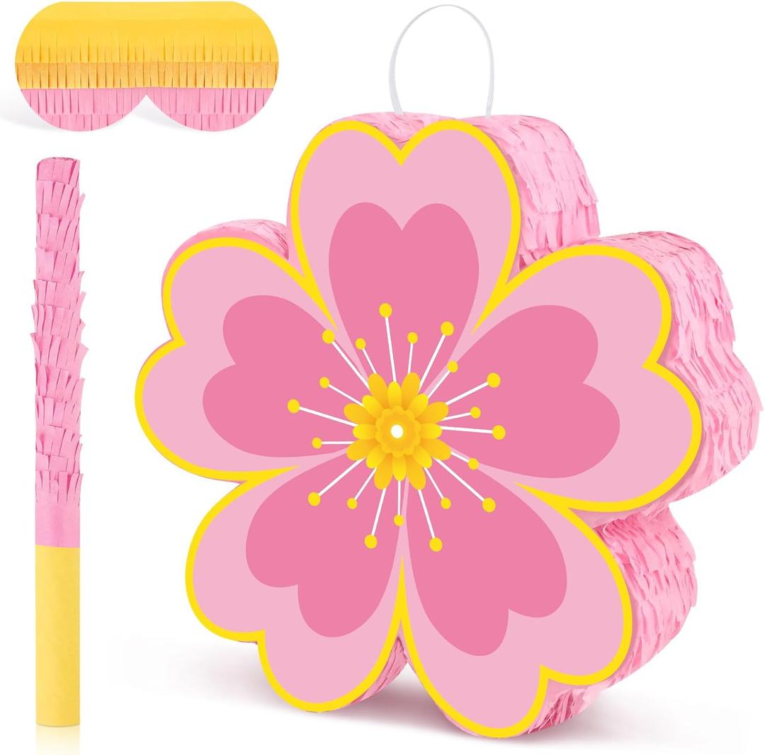 Daisy Flower Piata Daisy Hippie Boho Pinata Pink Flower Pinata with Blindfold and Stick for Kids Boys Girls Birthday Baby Shower Gender Reveal Wedding Floral Party Supplies