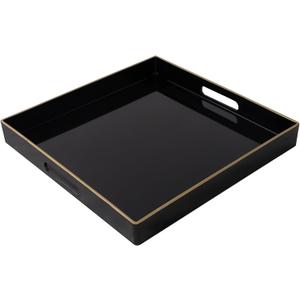 MAONAME Decorative Tray, Black Serving Tray with Handles, Coffee Table Trays, Square Plastic Trays for Ottoman, Bathroom, Kitchen, 13"x13"x1.57"
