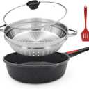 12-Inch Non Stick Frying Pan with Steamer, 5 QT Deep Saute Pan with Lid, Vegetable Steamer Cookware for Cooking, Detachable Handle, Compatible with All Stoves, Oven Safe, PFOA Free, Black