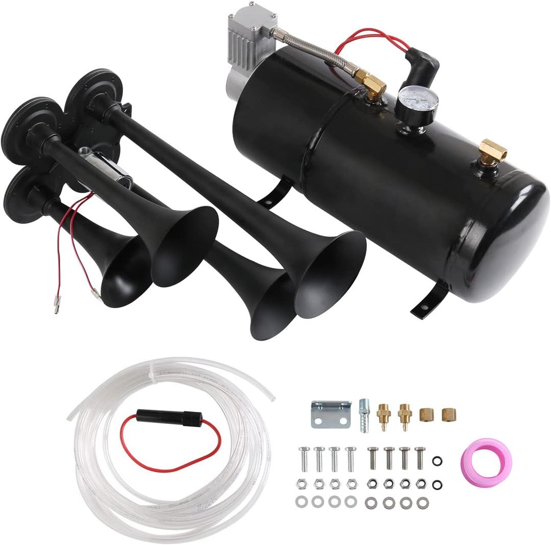 150DB 4 Trumpet Train Horns kit Super Loud Air Horn with 150 PSI 12V Air Compressor Air Horn Compressor Tank For Any Vehicle Trucks Car Jeep Or SUV (0.8 Gallon)