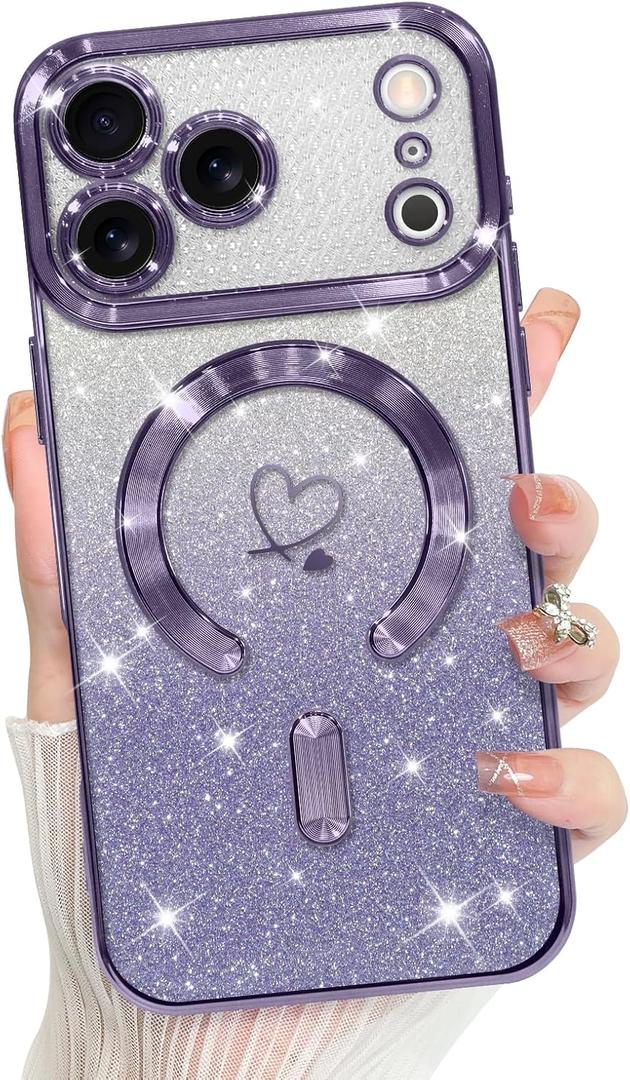 Bonoma Compatible with iPhone 17 Pro Max Case 2025 Support for MagSafe, Plating Heart Glitter Magnetic Case TPU Camera Protection Back Cover for Phone Case -Purple