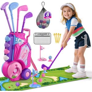 Toddler Golf Set 2-4 Years, Kids Golf Club with 8 Balls, 4 Plastic Clubs, Putting Mat, Scoreboard, Storage Bag, Indoor Outdoor Game with Golf Cart Sport Toy Gift for Baby Boys Girls Age 3-5, Pink