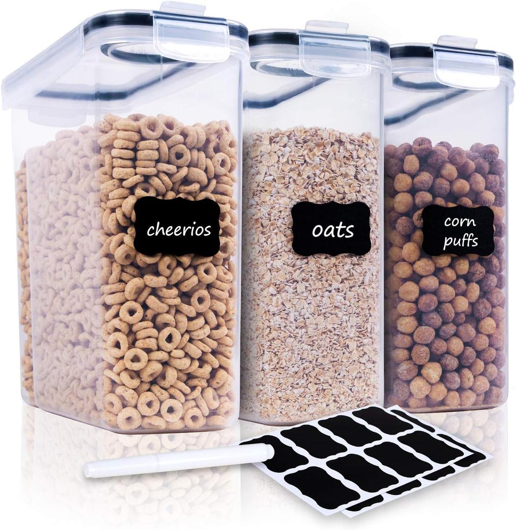 Cereal Containers Storage Set - 3 Piece Airtight Large Dry Cereal Container (135.2oz), BPA Free Dispenser Plastic Cereal Storage Containers with 16 Labels & Pen