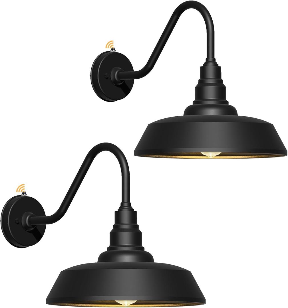 15 Inch Large Outdoor Gooseneck Barn Light, Dusk to Dawn Barn Lights 2-Pack, Exterior Classic Black Barn Light for Porch, Farmhouse, Garage, Gooseneck Lighting