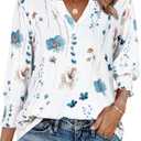 Blouses for Womens 3/4 Length Sleeve Casual Tops Loose V Neck T Shirt with Smocked Cuffs 2026 (White Blue Floral, S) (White, S)