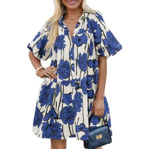 Wenrine Women's Summer Button Down Shirt Dress Floral Puff Short Sleeve Casual Loose Fit Beach Mini Dresses (X-Large, Blue)