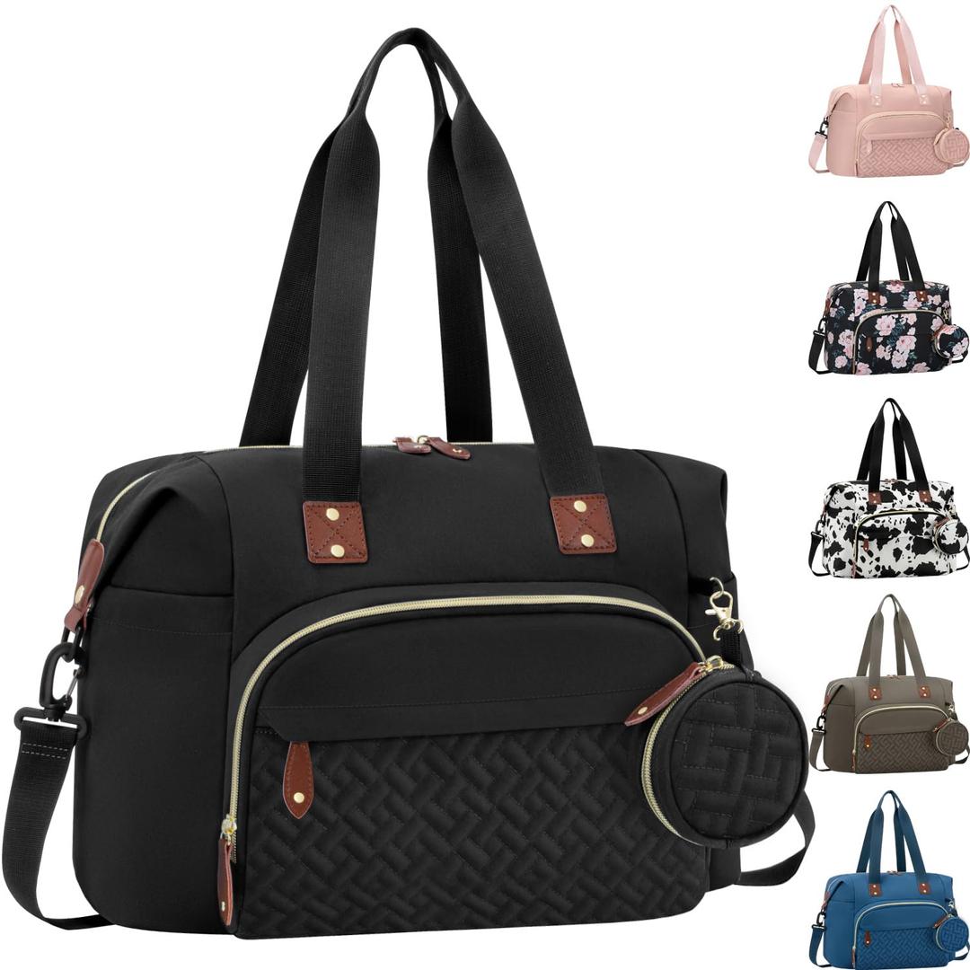 Tenot Diaper Bag Tote with Pacifier Case, Baby Bag for Women with Shoulder Straps, Travel Diaper Tote for for Mom and Dad Black (Large)