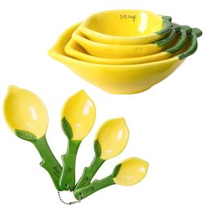 Lemon Shaped Measuring Cups and Spoon Set, Ceramic Kitchen Tools for Bakers, 4 Measuring Cups and 4 Measuring Spoons, Fresh Citrus Decor, Novelty Lemon Accessories, Unique Gift for Kitchen