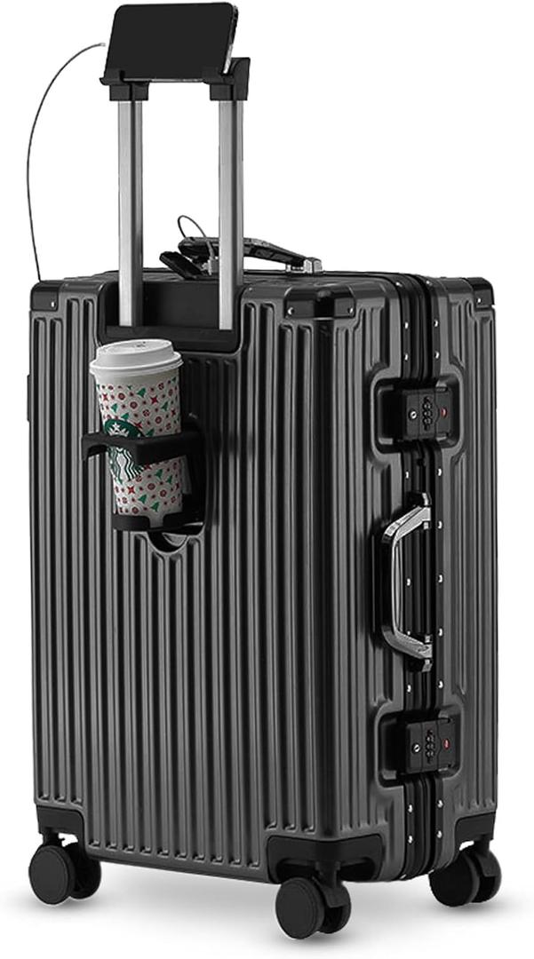 A Wodtip Carry-on with Cup Holder & USB Port Carry on Luggage Durable Luggage Suitcase Lightweight Hard side Luggage with TSA lock & Phone Holder 360 double spinner Wheels (Black=20lnch, 20lnch) A Wodtip Carry-on with Cup Holder & USB Port Carry on Luggage Durable Luggage Suitcase Lightweight Hard side Luggage with TSA lock & Phone Holder 360 double spinner Wheels (Black=20lnch, 20lnch)
