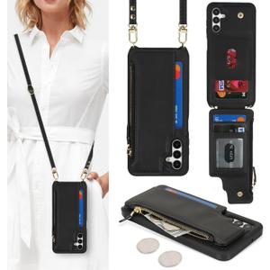 Cavor for Samsung Galaxy A15 5G Case Wallet for Women,for Samsung Galaxy A15 5g Crossbody Phone Case with Strap,Leather Zipper Pocket Card Holder Phone Cover-Black