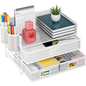 Marbrasse 3 Tier Mesh Desk Organizer with Drawer, Multi-Functional Desk Organizers and Accessories, Paper Letter Organizer with 2 Pen Holder for Home Office Supplies - White