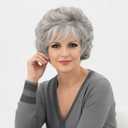 RENERSHOW Short Grey Curly Wigs for White Women Sliver Gray Synthetic Wig with Bangs Full Puffy Curly Grey Short Wig