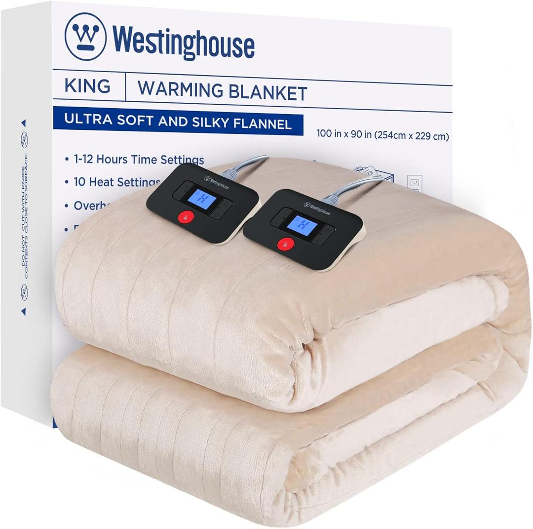 Westinghouse Electric Blanket King Size, Super Cozy Soft Flannel 100"" x 90"" Heated Blanket with 10 Fast Heating Levels & 1-12 Auto-Off, Machine Washable, ETL&FCC Certification, Beige