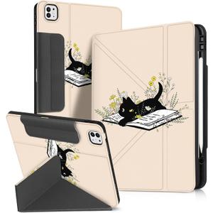 for iPad Pro 13 inch M4 2024 Case - for iPad Pro 13 Folio Protector Cover with Pencil Holder Cute Cool Cartoon Graphics Design for Boys Girls, Book Cat