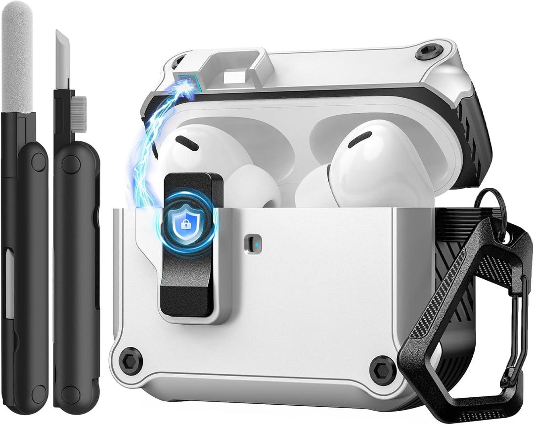 TiMOVO Case for Airpods Pro 3 (2025) with Secure Lock Clip, Automatic Pop-up Full Drop Protective Hard Cover for Apple AirPod Pro 3rd Generation with Climbing Hook & Cleaning Kit, White+Black