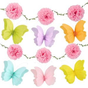 OBBOLO 3D Hanging Butterfly Decorations, Colorful Butterfly Birthday Party Decorations with Tissue Pompom Garland, 6 Pcs Paper Hanging Decorations for Girls, Women, Flower Garden Party Dcor