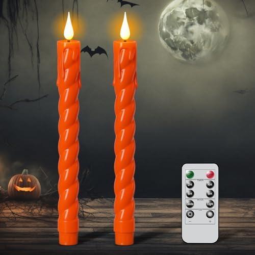 Eldnacele Flameless Taper Candles with Remote and Timer, Battery Operated Flickering Plastic Spiral Taper Candles Orange LED Window Candle Dinner Indoor Halloween Holiday Decor(2pcs, D0.78×H9.65)