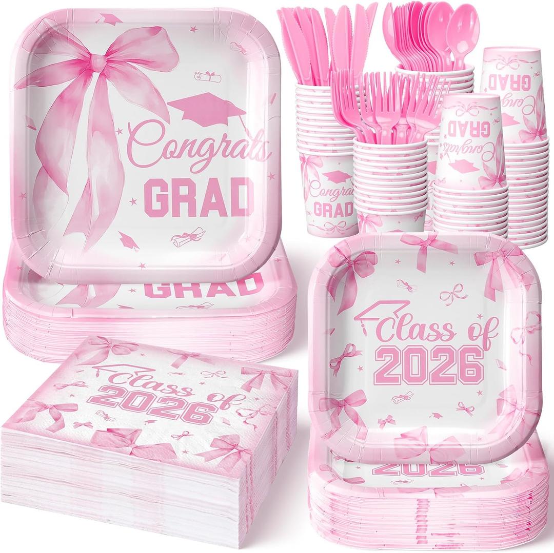 350 Pcs Pink Bow Graduation Party Supplies for Girls, Class of 2026 Disposable Paper Plates and Napkins Tableware Set Serve 50 Guests, Congrats Grad Dinnerware Paper Plates Napkins Utensils