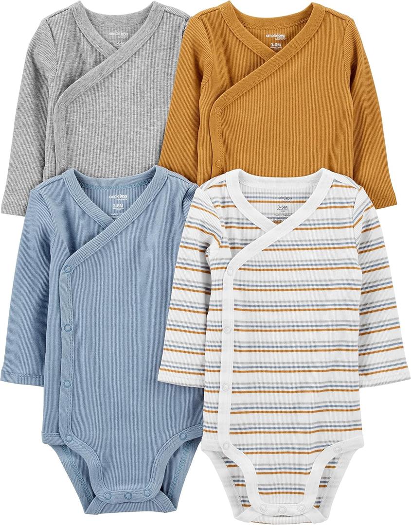 Simple Joys by Carter's unisex-baby 4-pack Side Snap Bodysuit (Newborn, Dusty Blue/Gold/Grey Heather/White Stripe)