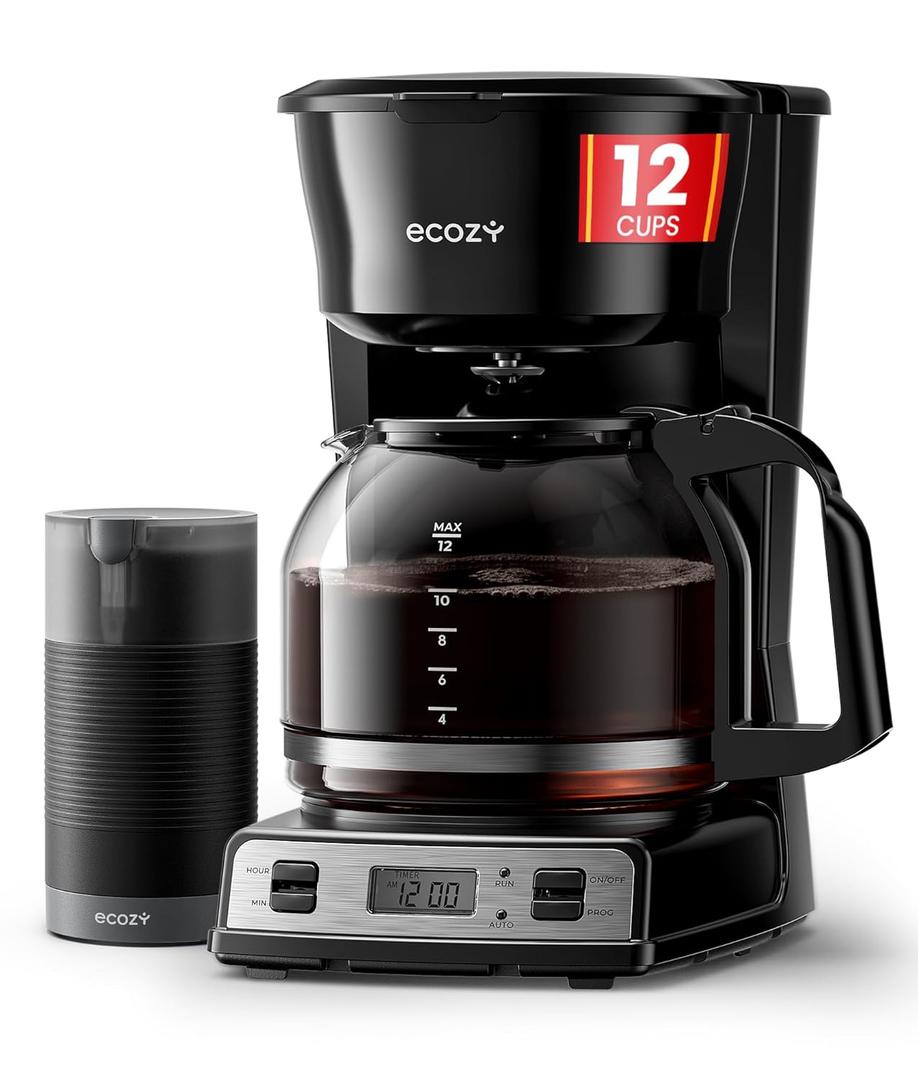 ecozy 12-Cup Programmable Coffee Maker with Electric Coffee Grinder Combos, Drip Coffee Machine with Pause & Pour Function, Auto Shutoff, Keep Warm, Brezzano DuoSet