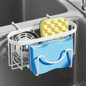SWTYMIKI Sponge Holder for Kitchen Sink - Movable Kitchen Sink Caddy with M Shape Hook, Stainless Steel Hanging Sponge Caddy for Dish Sponge, Brush, Stopper Organizer in Double Bowl Sink, White