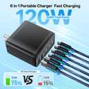 2 Pack USB C Charger Block with 4 USB Cables 120W GaN Type C Charger Fast Charging Block 6 Port Foldable for iPhone 17/16 Series, Pixel, iPad, Samsung Galaxy Series (Black)