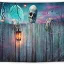 VUMIVI Halloween Ghost Tapestry Skeleton Lantern Old Wooden Planks Spider Webs Ravens Horror Elements Tapestry Wall Hanging for Living Room Bedroom Dorm Classroom Aesthetic Decor W40xL30in
