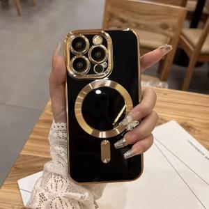 OOK Magnatic Case for iPhone 15 Pro Max Case [Compatible with MagSafe] Full Camera Lens Protector Gold Electroplate Edge Soft TPU Shockproof Protective Phone Case for Women Men 6.7 Inch - Black