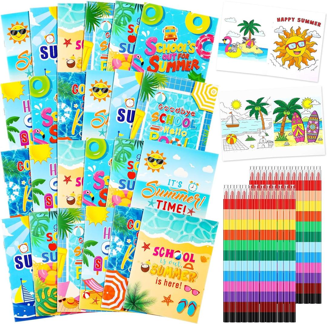 24 Set Summer Mini Coloring Books Bulk with 24 Set Stacking Crayons Beach Pool Favors Activity Books Bulk for Summer Party End of Year Gifts Birthday Goodie Bags Stuffers