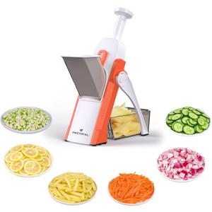 ONCE FOR ALL Safe Mandoline Slicer 5 in 1 Vegetable Cutter, Strips Julienne Dicer Adjustable Thickness 0.1-8 mm for Kitench Fast Meal Prep (Orange)