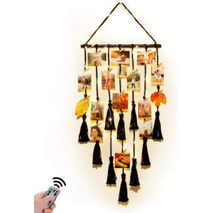 Homecor Hanging Photo Display Wall Decor, Black Macrame Hanging Boho Room Decor, Picture Frame Collage with Remote Light 30 Clips, Bedroom Apartment Home Decor, Christmas Mom Grandma Teen Girl Gifts