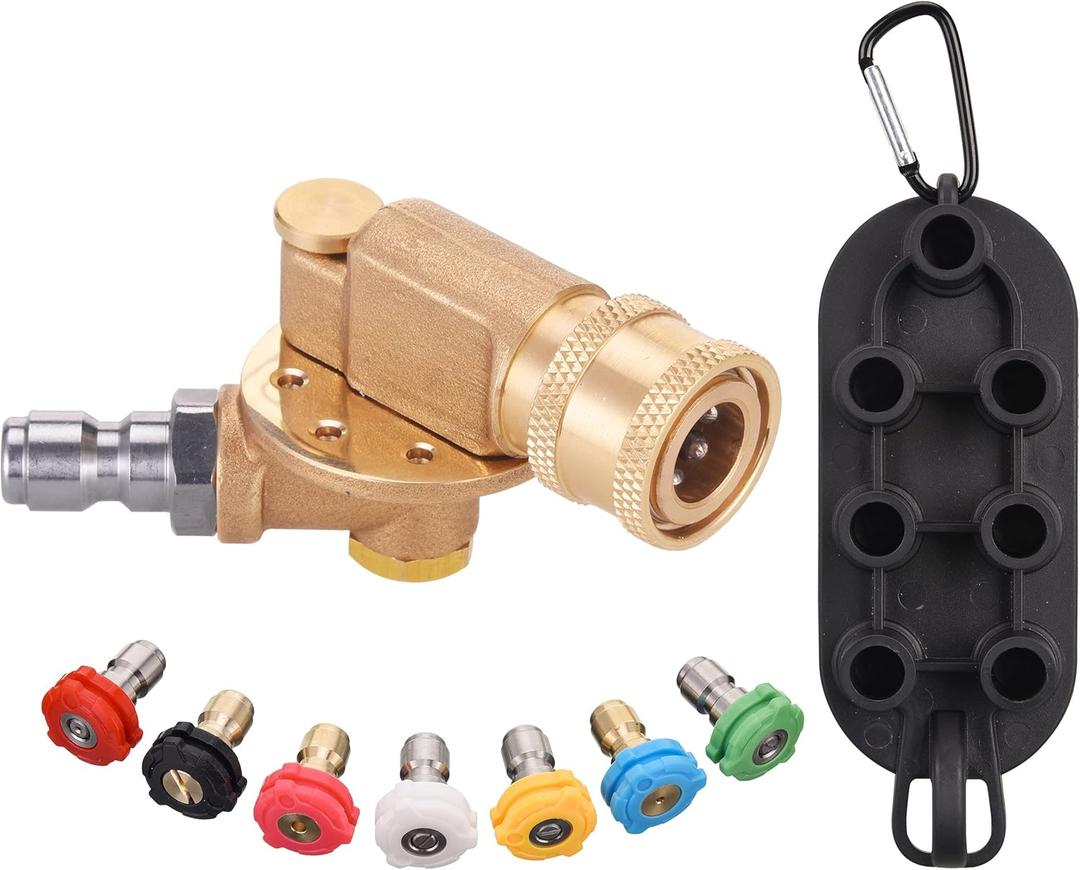 PWACCS Pressure Washer Pivoting Coupler Kit, 240 Degree Rotation, Pressure Washer Accessories Kit Including Gutter Cleaner Attachment and 7 Spray Nozzle Tips with Holder, 1/4" Quick Connect, 4500 PSI