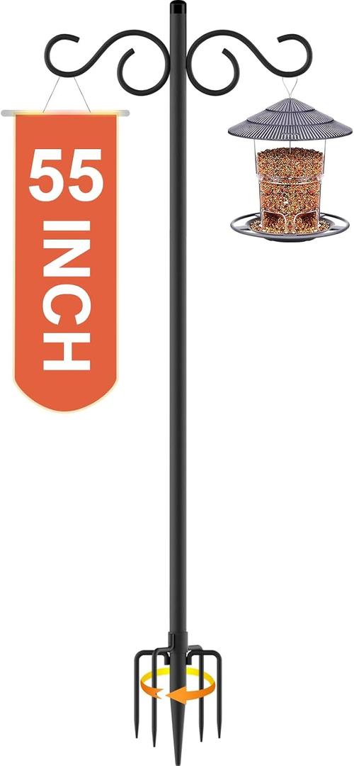 RCUICA Double Shepherds Hooks for Outdoor,1 Pack 55 Inch Bird Feeder Pole with 5 Prongs Base,Heavy Duty Shepherds Hook,Suitable for Garden in Hanging Flower Basket,Lantern,Bird Nests (1 Pack 55 inch)
