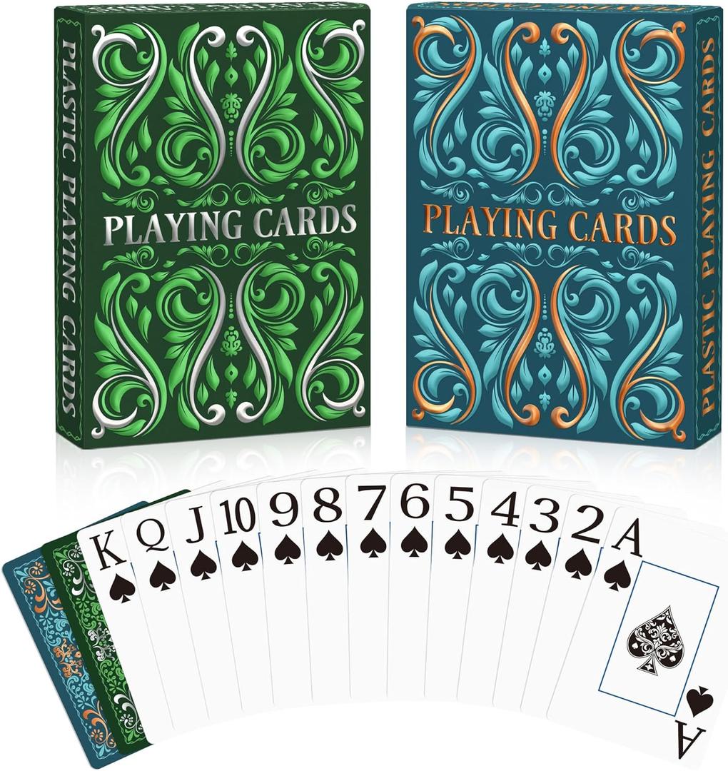 Playing Cards, Plastic Playing Cards Waterproof, Deck of Cards 2 Pack, Large Print Playing Card for Seniors Adults, Premium Poker Cards Set for Beach Pool Party Trip Camping Games (Blue & Green)